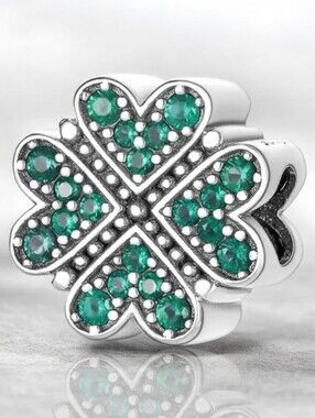 New💚 PANDORA-Like Sterling Silver Lucky Four Heart-Leaf Clover Charm With CZ